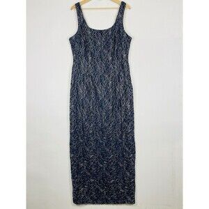 Ignite Evenings Navy Blue Silver Lace Lined‎ Sleeveless Maxi Dress Womens 16